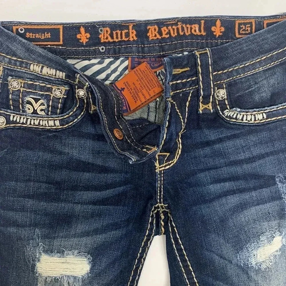 Rock Revival Jeans Karla Straight Leg Stretch Denim Jean Dark Wash Jeweled 25 - Picture 8 of 9
